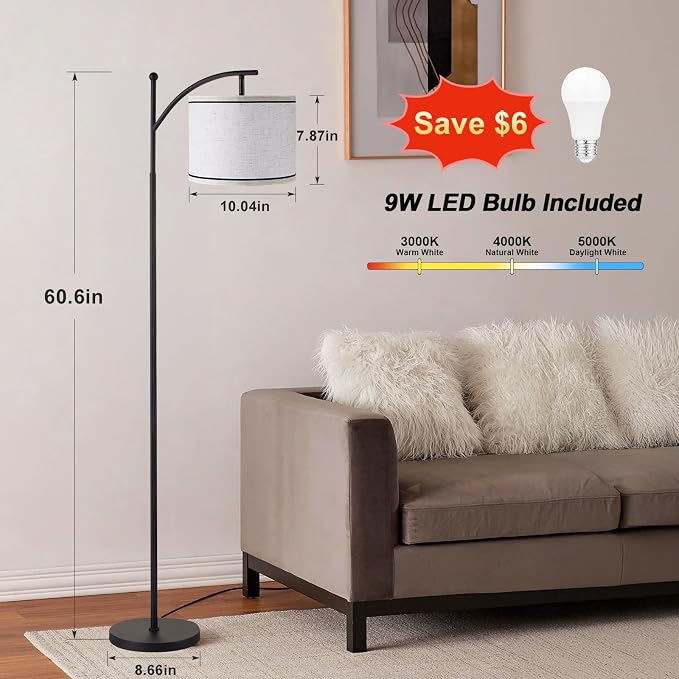 60" Floor Lamp for Living Room with 3 Color Temperatures, Beige Lampshade with Black Stripes, Tall Lamp for Bedroom Office, 9W Bulb Included