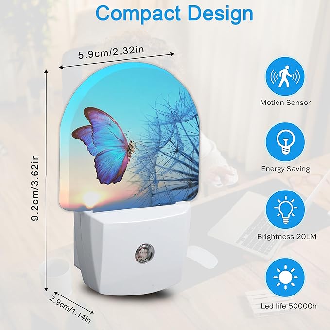 Blue Butterfly Dandelion Night Light, Night Lights Plug Into Wall Decor, Auto Sensor Lamp Home Indoor Stairway Kitchen Corridor, Boys Girls Women Men Room Gifts