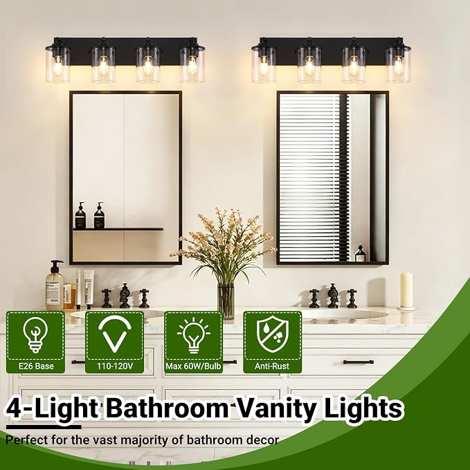 4-Light Bathroom Lighting Fixtures Over Mirror, Matte Black Bathroom Vanity Lights with Clear Glass Shade, Modern Vanity Lighting Fixtures for Living Room, Bedroom, Hallway