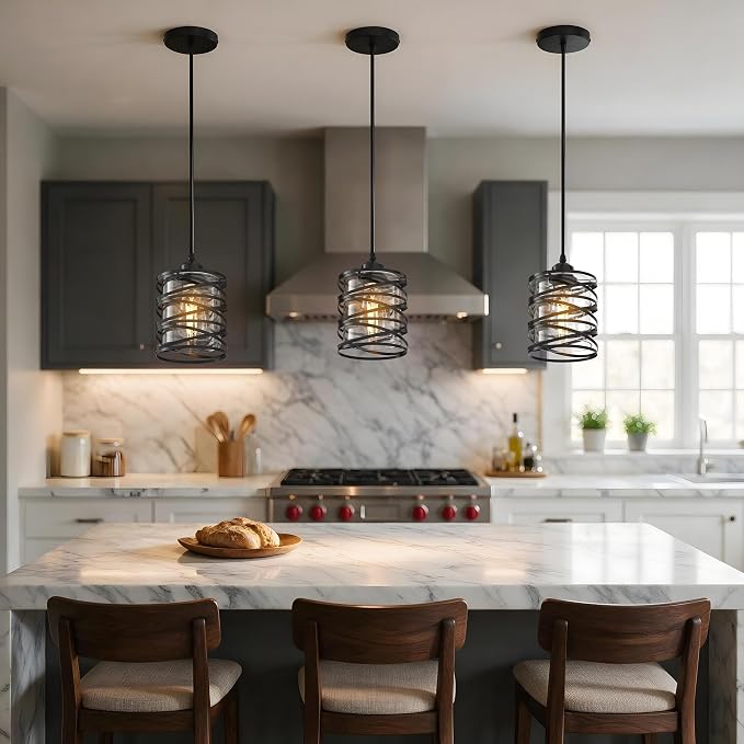 3 Light Pendant Lighting, Farmhouse Hanging Light Fixture for Kitchen Island & Dining Room, Industrial Vintage Ceiling Lamp with E26 Base, Adjustable Height, Black Spiral Cage Glass Pendant