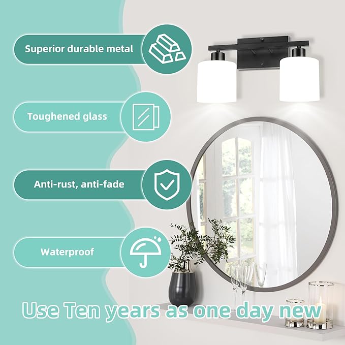 SILAMPDI Black Bathroom Lighting Fixtures Over Mirror, Modern 2-Light Vanity Lights Fixtures Rustproof Wall Sconces Light for Bedroom, Hallway, Milky White Glass Shades, E26 Base, Bulbs Not Included