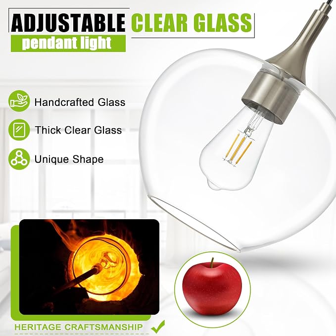 9.45in Nickel Pendant Lights Kitchen Island with Clear Glass Shade 1Pack | Handcrafted Glass Pendant Light Fixtures, UL Certified, E26 Base 100W Max, Height-Adjustable, Dimmable Hanging Pendant Light