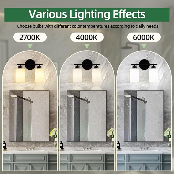 2-Light Bathroom Light Fixtures, Black Modern Vanity Lights with Milky White Frosted Glass Shades, Wall Sconce Light for Bedroom, Living Room and Hallway, 2-Pack