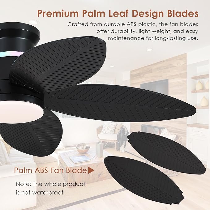 Tropical Palm Leaf RGB Ceiling Fans with Lights 46”, Black Flush Mount Ceiling Fan with Light and Remote, 3CCT Dimmable LED&&Side RGB Light, Reversible 6 Speeds, Quite Low Profile Ceiling Fan Party