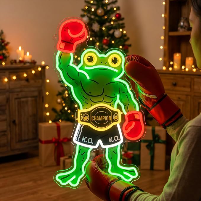 HAJAE Frog Neon Sign, Dimmable Boxing Frog Champion LED Light Wall Decor - Funny Muscular Frog Gifts for Men Boys Kids, Wrestling Birthday Party Decorations, Gym Man Cave Room Neon Light
