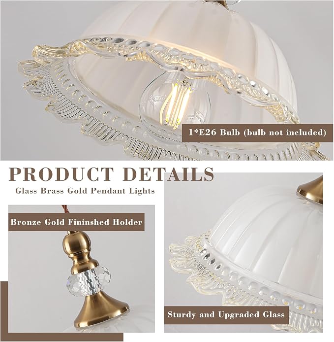 10.6" Milk Glass Vintage Pendant Light for Kitchen Island | Antique Brass Gold, Small Pendant Light, Adjustable Hanging Height Fixture, for Dining Room Hallway Bedroom