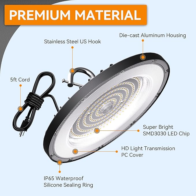 6 Pack UFO Led High Bay Light 200W(800W MH/HPS Equiv.), 30000lm 5000K ETL Listed High Bay Led Lights with 5' Cable US Hook, IP65 Waterproof Commercial Light Fixture for Warehouse Workshop Barn Factory