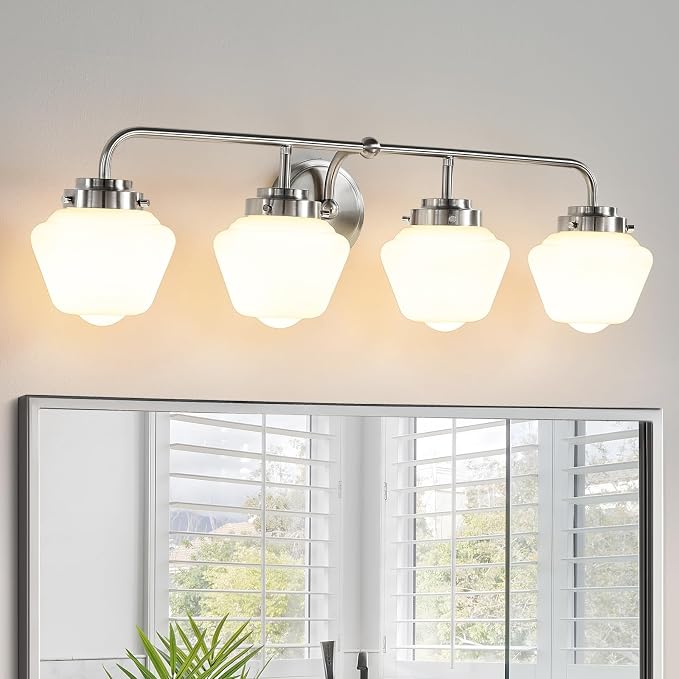 RUIYEY Bathroom Vanity Light Fixtures: 4-Lights Brushed Nickel Vintage Light Fixtures for Bathroom Above Mirror, Wall Lights Indoor with Frosted Milky Glass for Bath Bedroom