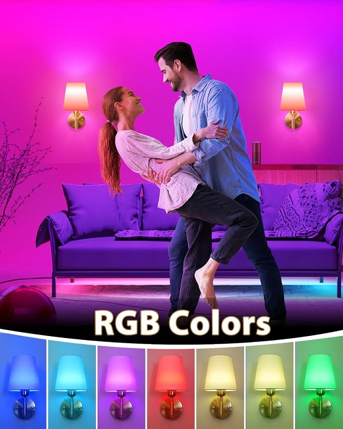 Adetu Battery Operated Wall Sconces Set of 2, Gold Rechargeable Wall Lights | 10000mAh RGB Rechargeable Magnetic Bulb, 5%-100% Dimmable, Battery Wall Sconce for Bedroom Wall Decor