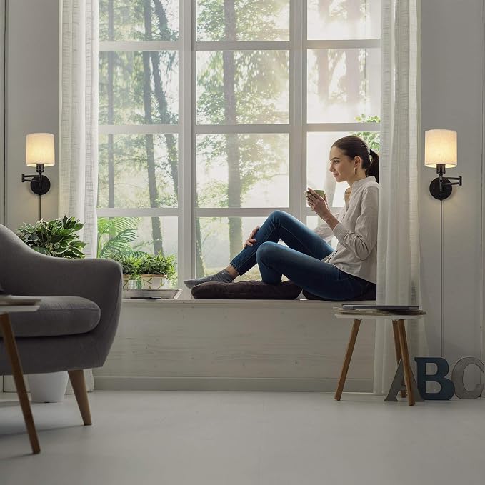 CADUKE Plug in Wall Sconce Set of 2, Swing Arm Wall Lamps | Modern, Bedroom Wall Light Fixtures, Linen Lampshade, For Reading Hallway Living Room