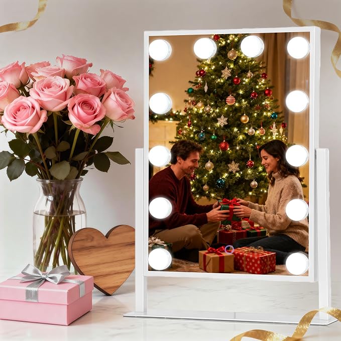 Hollywood Vanity Mirror with Lights 14" x 19", 10x Magnifying, 12 LED Bulbs, 3 Color Lights and 360° Rotation Desk Lighted Makeup Mirror for Bedroom Dresser College Dorm