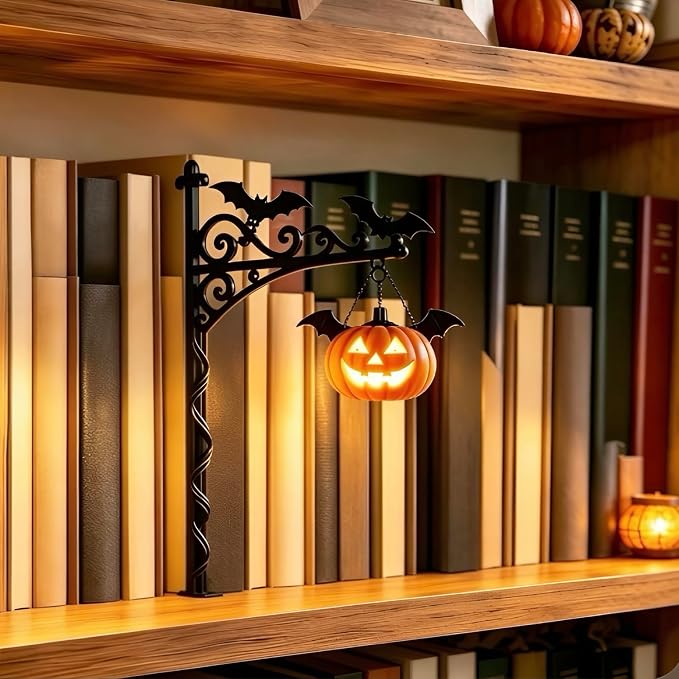 Library Lantern Bookshelf Lamp, Pumpkin Bookshelf Lantern with Warm LED Nightlight, Mini Nook Light for Bookshelf, Decorative Table Desk Luminaire, Halloween Bookshelf Decor for Book Lovers