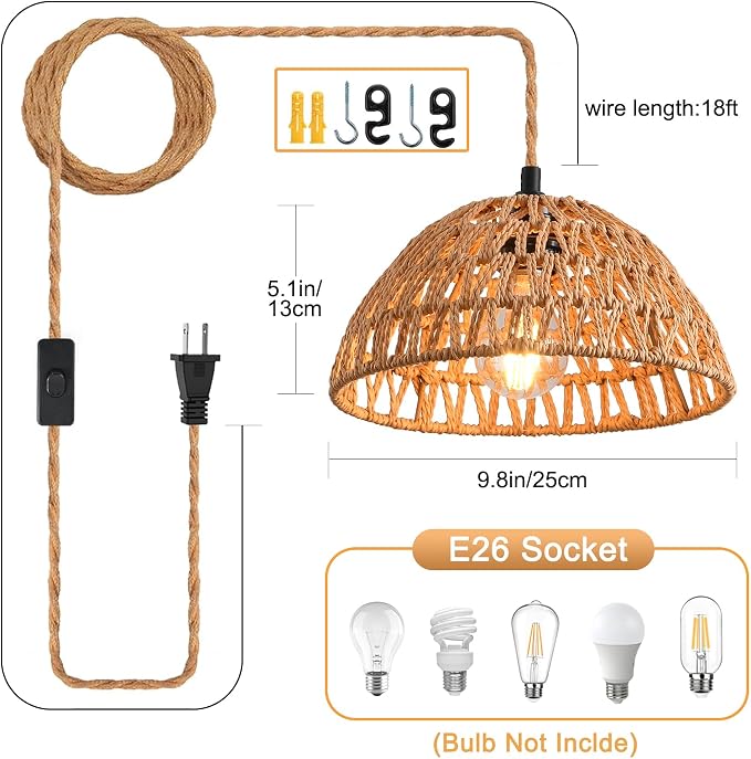 2 Pack Plug in Pendant Light 10.2" Rattan Hanging Lamp with Switch,Hemp Rope Cord Boho Woven Wicker Lampshade Hanging Lights with Plug in Cord Ceiling Light Fixture for Living Room Bedroom Kitchen