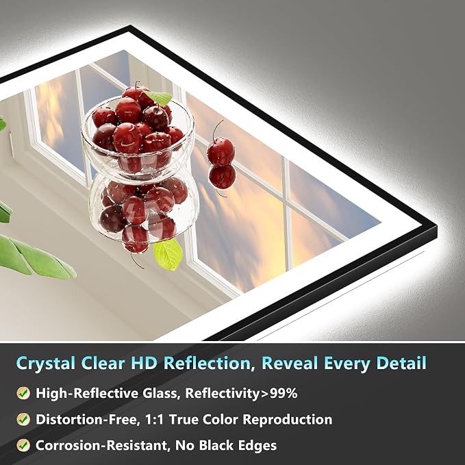 55x36 Black LED Bathroom Mirror, Backlit & Front Lit Lighted Mirror | Metal Framed Anti-Fog Vanity Mirror with Lights, 3 Color Dimmable, Memory, HD Tempered Glass, CRI95, UL Listed, Wall Mounted