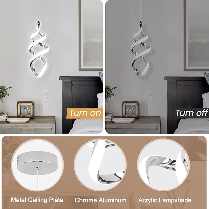 4 Packs Pendant Light, 15W Spiral Led Pendant Light, 4500K Modern Pendant Lights Kitchen Island, Adjustable Height Pendant Light for Dining Room Bedroom Kitchen Island Cafe