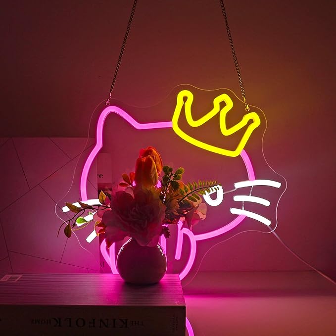 Neon Sign, FPLL Pink Cat Neon Signs for Wall Decor - Cute LED Sign for Bedroom, Party, Birthday, Bar Light up Signs Home Decor - USB Powered