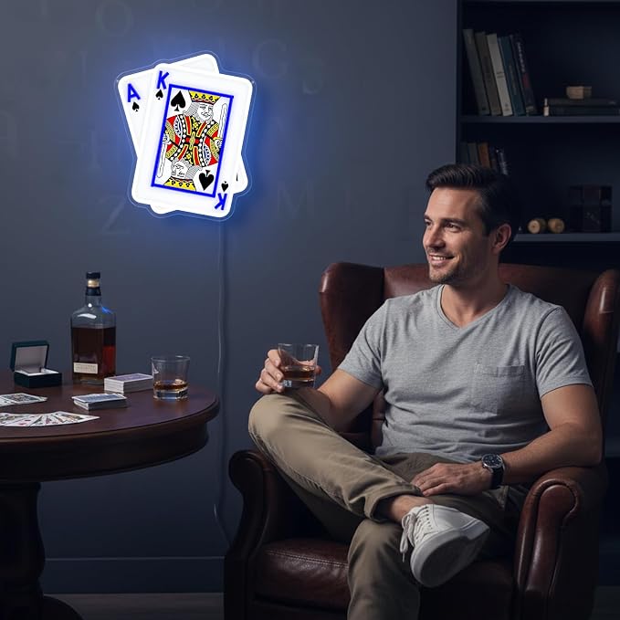 Poker Neon Sign, UV Printed Playing Cards LED Light for Man Cave Decor | USB-Powered Dimmable “A,K” Spade Cards Light Sign for Poker Rooms, Game Rooms, Man Caves, and Poker Nights