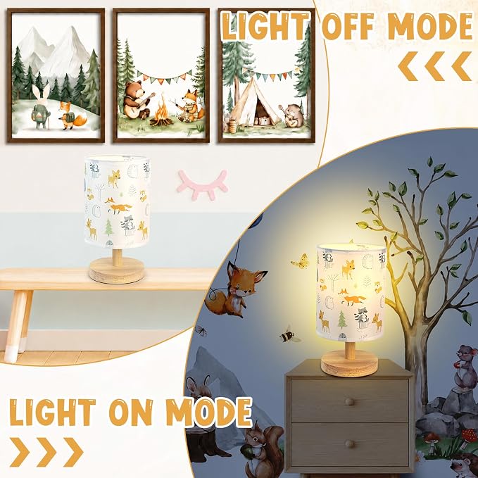 Animal Table Lamp for Bedroom Kids Bedside Lamp with Linen Wooden Nightstand Cartoon Nursery Lampshade for Boys Girls Room Decor