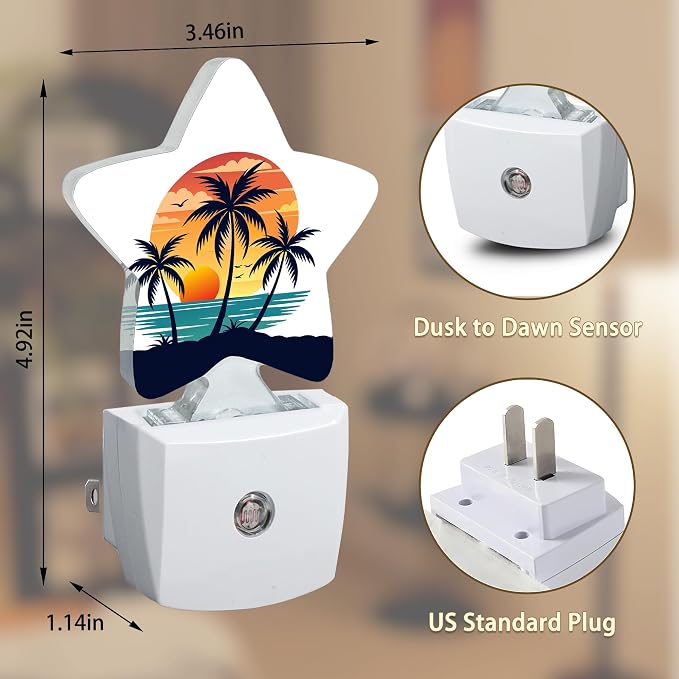 Tropical Sunset Tree Night Light Plug-in Dusk to Dawn Smart Sensor White Led Nightlight for Bedroom Bathroom Kitchen Hallway Stairs Energy Efficient Decor Desk Lamp