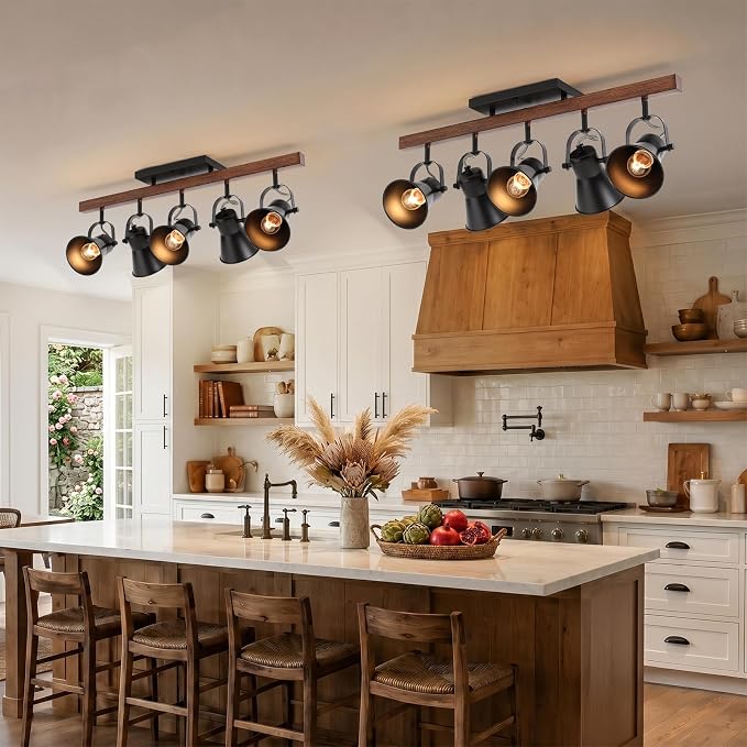 5-Light Track Lighting Fixture Ceiling, Industrial Black Semi Flush Mount Ceiling Light with Rotatable Spotlights, Farmhouse Wood Grain Metal Kitchen Lighting for Living Room Dining Room Hallway