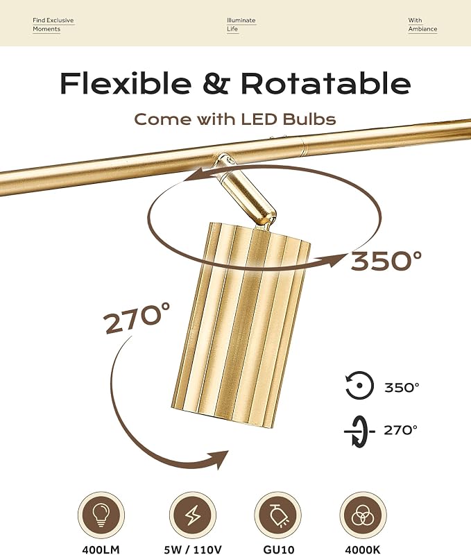 FEMILA Track Lighting Fixtures Ceiling, 43.7" Adjustable Track Light, 3000K GU10 Bulbs Included, Brushed Gold Modern Ceiling Track Lighting, for Kitchen, Living Room, Office, 4FS109TL-5 BG
