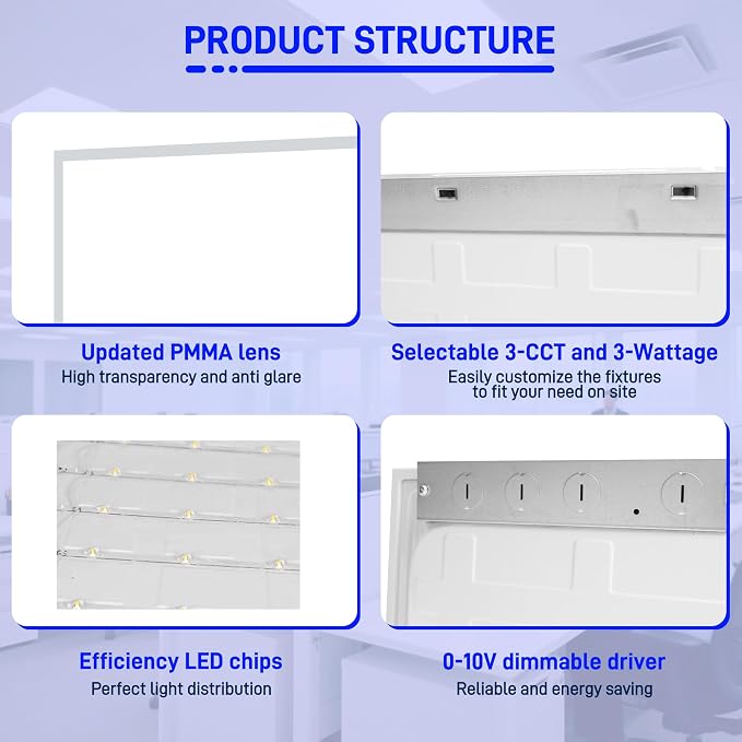 hykolity 2x4 LED Flat Panel Light,Selectable,Dimmable,Drop Ceiling,6 Pack | 40W/50W/60W Selectable 3CCT 4000K/5000K/6500K 0-10V Dimmable Ultra Slim Recessed Lights for Office Classroom Hospital Garage