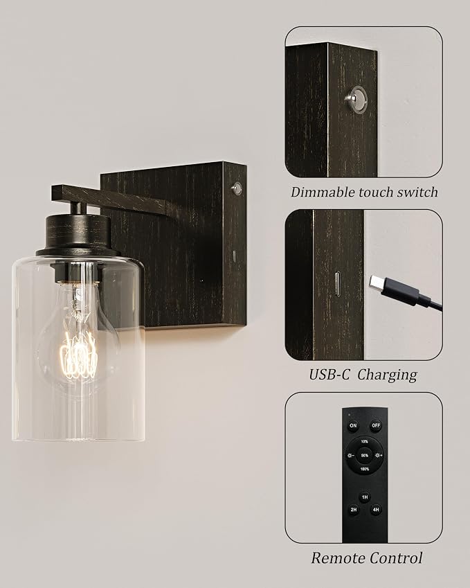 Rayogale Wireless Battery Operated Wall Sconce Set of 2 with Remote Control | Retro Industrial Black Brass Dimmable Easy Install Rechargeable Wall Light with Timer for Living Room Bedroom Emergency 3000K