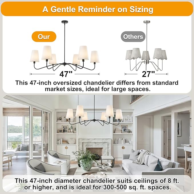 47'' Modern Chandelier with Shades, Farmhouse Chandeliers for Dining Room Light Fixture, 6-Light Large Black Chandelier, Height Adjustable Traditional Chandeliers for Living Room Kitchen E12 Base