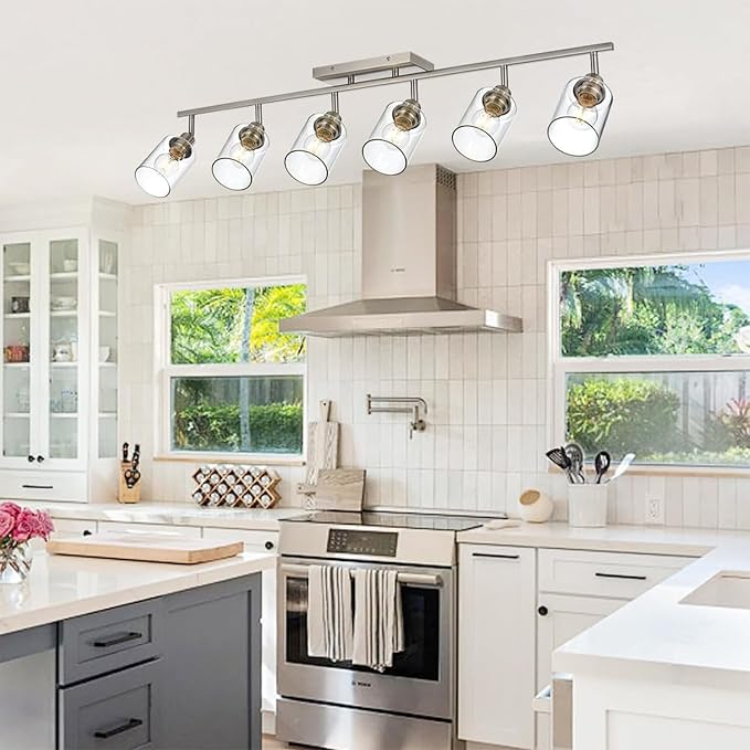 6 Light Track Lighting Fixture Brushed Nickel Track Lighting Kit | Ceiling Wall Mount Rotatable Spotlights with Clear Glass Shades, for Kitchen Island, Bathroom, Hallway, Shop