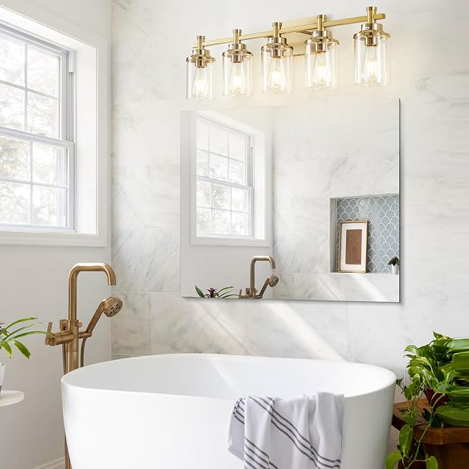 5-Light Modern Vanity Lights Over Mirror, Brushed Brass Bathroom Sconce with Clear Glass Shade