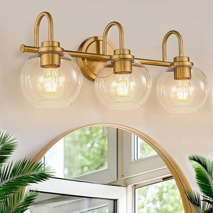 Gold Vanity Light, 3 Light Bathroom Light Fixtures, Modern Bathroom Vanity Lights Fixtures Over Mirror with Clear Glass Globe Shade, Gold Wall Sconces for for Mirror Bathroom Hallway (E26 Base)