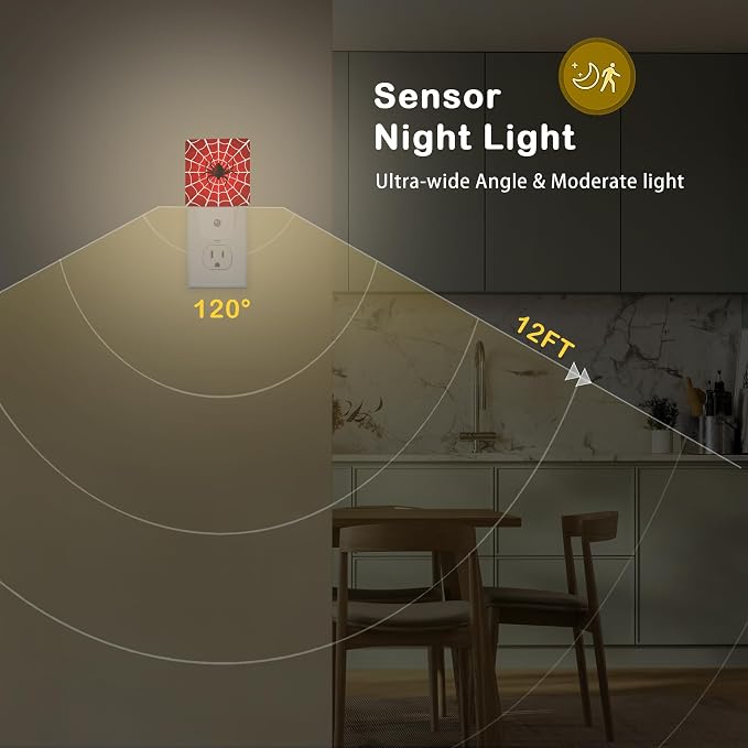 Red Spider Web Night Light with Dusk to Dawn Light Sensors, Plug-in Wall Led Night Lights, Energy Efficient Lamp for Bedroom/Bathroom/Kitchen/Hallway/Stairs