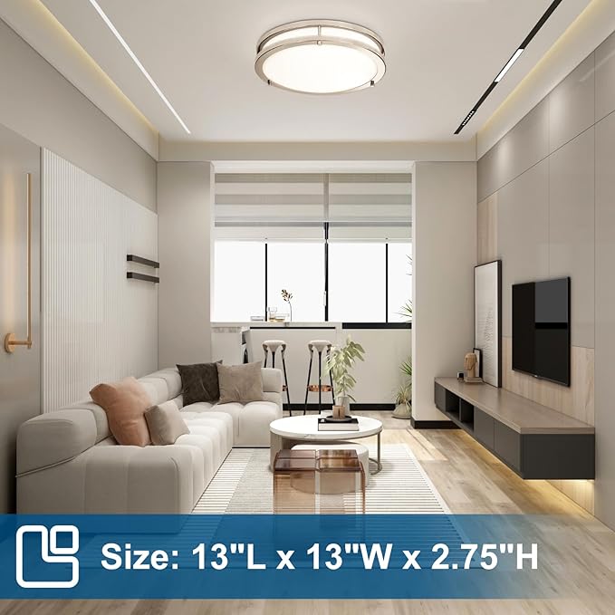 OOWOLF 2-Pack 36W 13inch LED Flush Mount Ceiling Light Fixture Dimmable Brushed Nickel, Easy to Install LED Ceiling Lamp Fixture Without Flicker, Super Bright 3600LM 5000K Daylight White