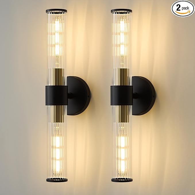 Bathroom Light Fixtures 2 Pack Hardwired, Black Gold Wall Sconce Threaded Glass Vanity Light Featuring Two E26 sockets, Bathroom Wall Light Dimmable - Bulb Not Included, UL Certification