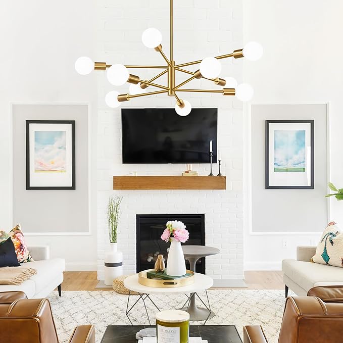 Sputnik Chandeliers Dining Room Light Fixture (10-Light, 32-Inch), Modern Brushed Gold Chandelier, Height Adjustable Mid Century Modern Chandeliers for Bedroom Kitchen Entryway (Bulbs Not Included)