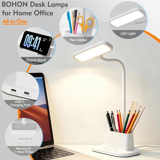 LED Desk Lamp for Dorm Small Desk Lamp with Pen Holder 5 Color Modes White | Dimmable Touch Control, USB Charging Port, Eye-Caring Reading Light for Home Office Table Study College Room Students