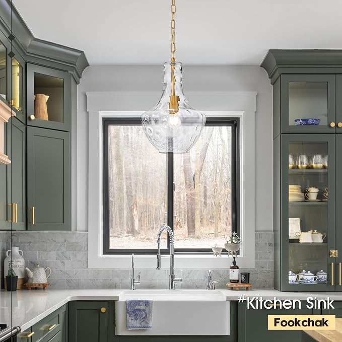 Hammered Glass Pendant Light Gold Kitchen Island Light Large Glass Pendant Lights Over Sink Brass Hand-Blown Glass Hanging Light for Kitchen Dining Room Hallway Entrance