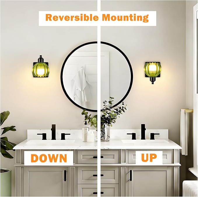 Battery Operated Wall Sconce Set of Two, Black Bedside Wall Mounted Lamps with Green Tulip Glass Shade, Vintage Dimmable Bathroom Sconces Wall Lighting for Mirror Bedroom Living Room