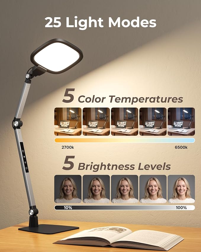 Led Desk Lamp for Office Home Video Reading Swing Arm Task Light | 1200lm Eye-Caring Desk Light for Computer Monitor, Dimmable 5 Color & 5 Brightness, Timer & Memory, Touch & Remote