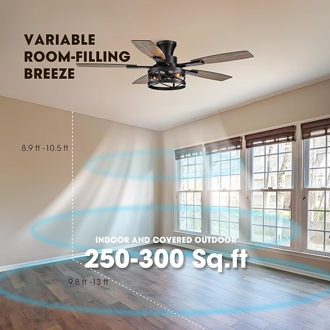 52-Inch Farmhouse Flush Mount Ceiling Fan Vintage wood-grain blades quiet powerful motor warm ambient light ideal for indoor spaces, bedrooms, living rooms farmhouse patios.