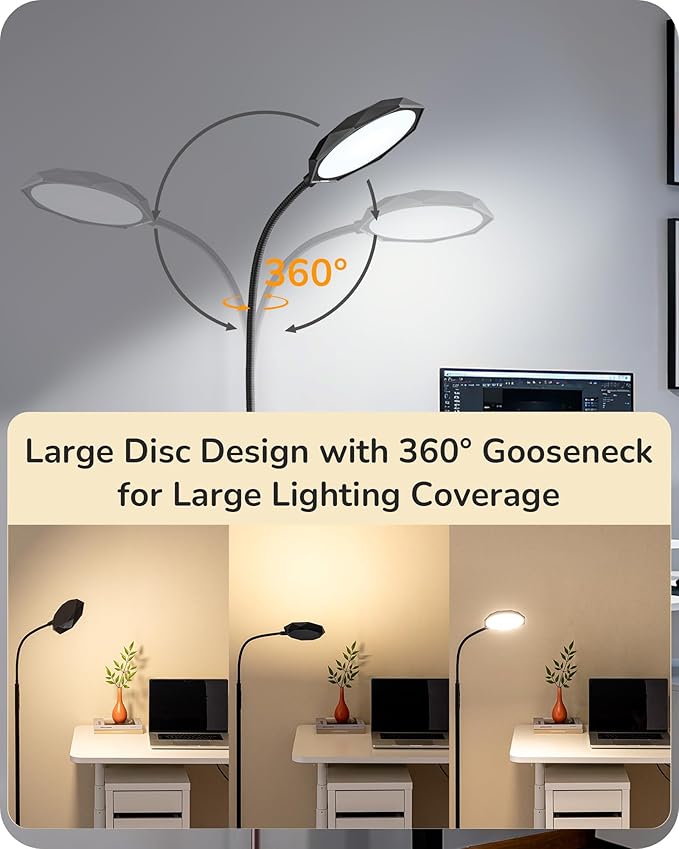 EDISHINE LED Floor Lamp 1300LM Super Bright Reading Floor Lamps Black | Dimmable, 4CCT, Remote & Touch Control, Adjustable Gooseneck, Dual Timer Design, for Bedroom, Living Room, Office