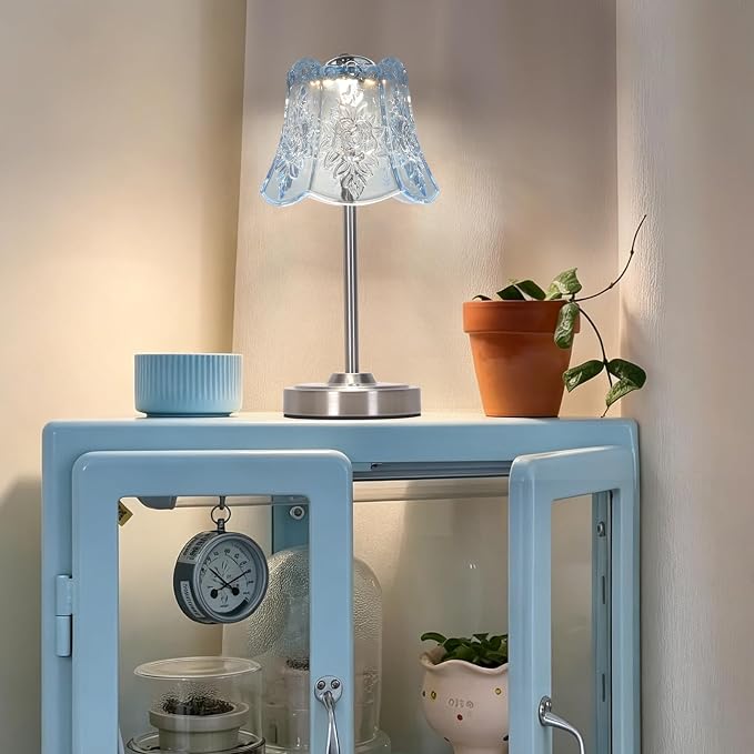 Shenmoyl Cordless Touch Table Lamp with 5200mAh Battery - 3 Adjustable Color Temperatures & Dimmable, Rechargeable Lamp for Bedroom, Living Room, Office, Entryway, Bookshelves (Clear Light Blue Rose)