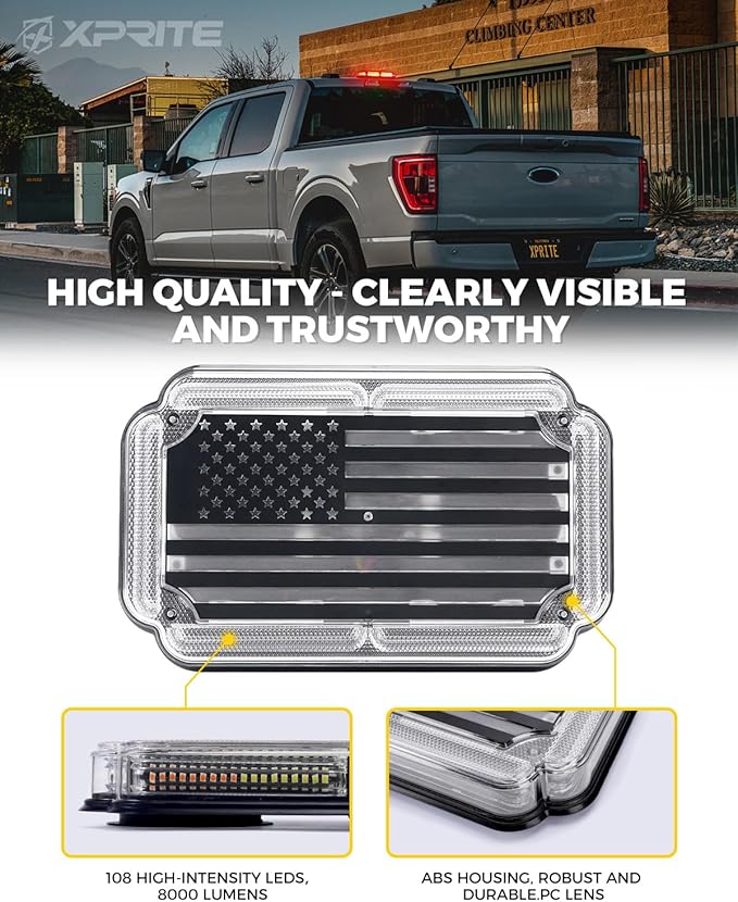 Xprite 108 LED Roof Top Strobe Light, US Flag Pattern Firefighter Flashing Light, Emergency Safety Warning LED Mini Strobe Lightbar w/Magnetic for Fire Truck EMS Ambulances Police Vehicle, Red White