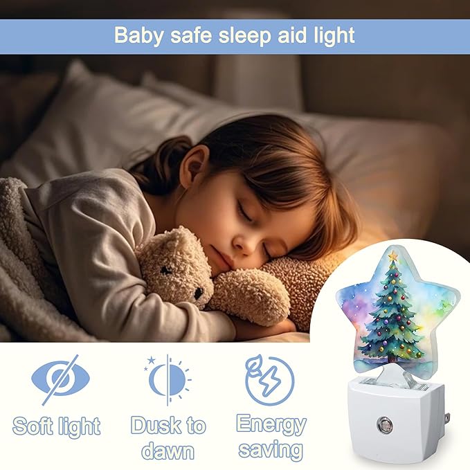 Night Light,Christmas Tree Plug into Wall with Dusk to Dawn Light Sensors,Green Watercolor Warm Star Nightlights for Bedroom,Bathroom,Hallway,Kitchen Home Decor Desk Lamp