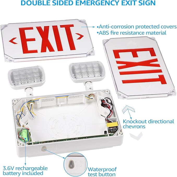 LEONLITE 4-Pack Wet Location LED Exit Sign with Emergency Lights White | UL Listed, AC 120/277V, Outdoor Hardwired Red Letter Exit Light with Battery Backup, 2 Dual Heads, Double Face