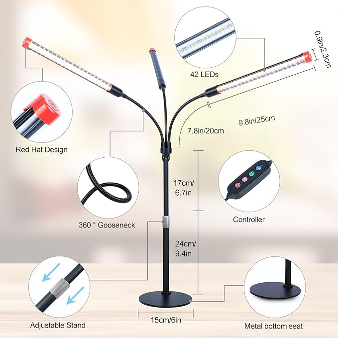 3Head Tabletop Grow Lights for Indoor Plants, Seed Starting, Vegetables, Bonsai, Bright Desk Plant Growing Lamps, 4/8/12/16/20H Timer, 27 Watt Power Draw, NO Need Adapter, 360° Gooseneck