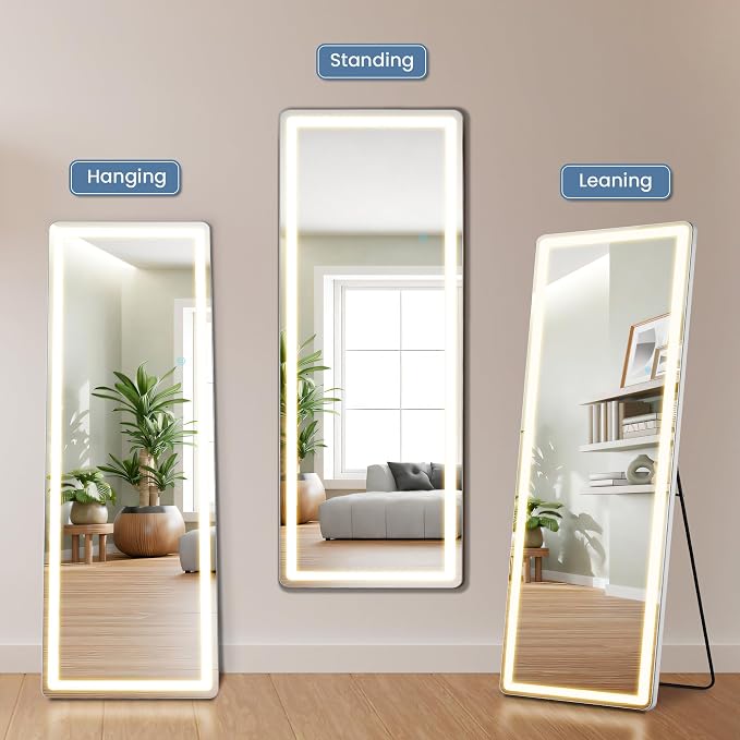 DUMOS Full Length Mirror Lighted, 26"x70" LED Floor Standing Mirror | LED Lights 3 Color Lighting and Shatterproof Tempered Glass, Wall Hanging or Leaning, Floor Standing, Modern Home Decor
