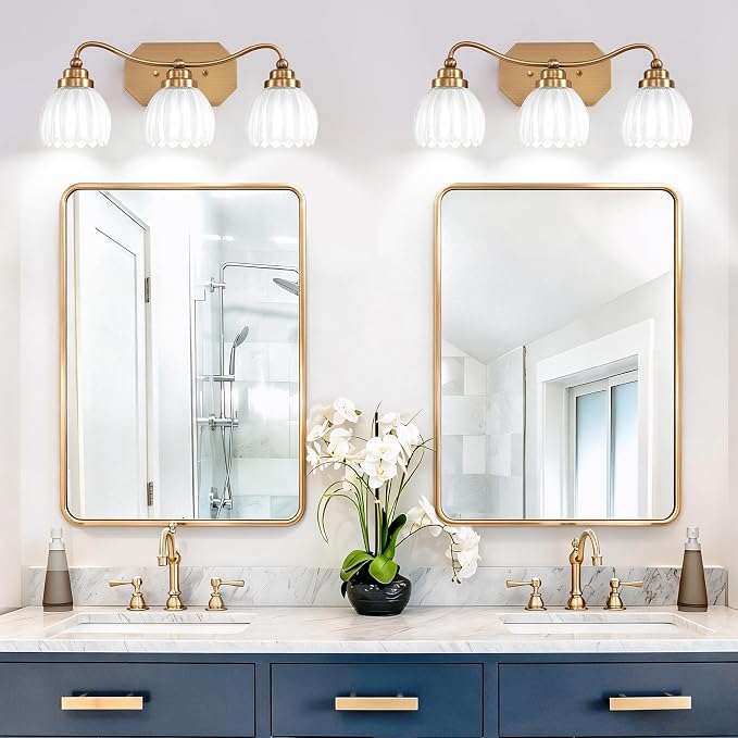 3 Light Gold Vintage Vanity Lights, Antique Brass Finish | Milk White Tulip Crystal Shades,Brushed Gold Bathroom Light Fixtures, Wall Sconce Ideal for Bedroom, Hallway, Easy to Install