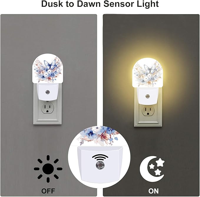 Watercolor Butterfly and Flowers Night Light for Kids,Elegant Blue Floral Plug in Night Light with Dusk to Dawn Sensor, 0.5w Energy Saving Nightlight for Hallway Stairway Kitchen Bedroom