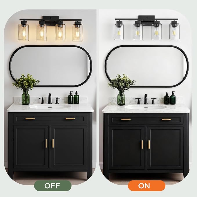4-Light Bathroom Light Fixtures, Matte Black Modern Vanity Lights, Bathroom Lighting Fixtures Over Mirror, Square Design Farmhouse Wall Sconces with Clear Glass Shades